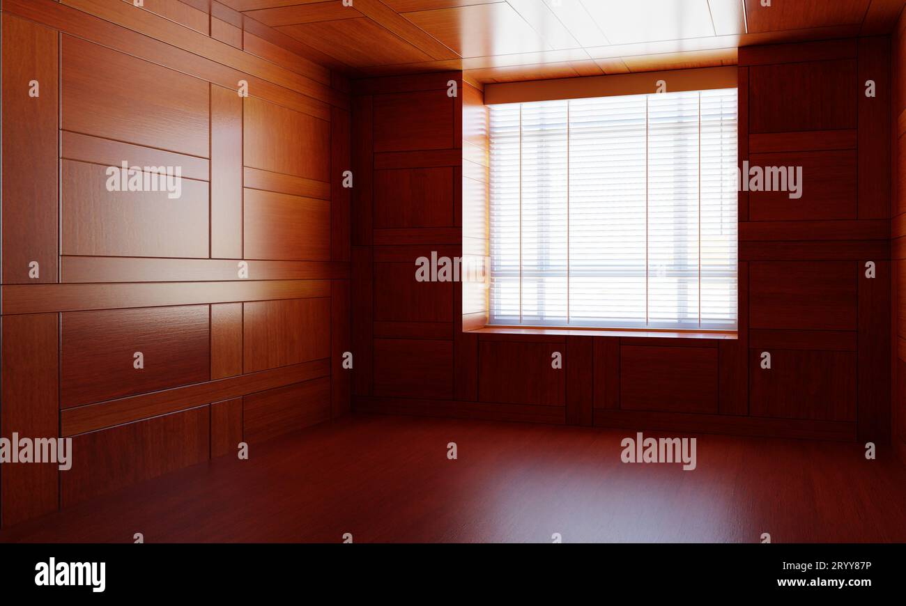 Chambre vide en bois de style asiatique avec fenêtre. Design moderne japonais avec la planche de bois. Architecture et concept intérieur. 3Dillu Banque D'Images