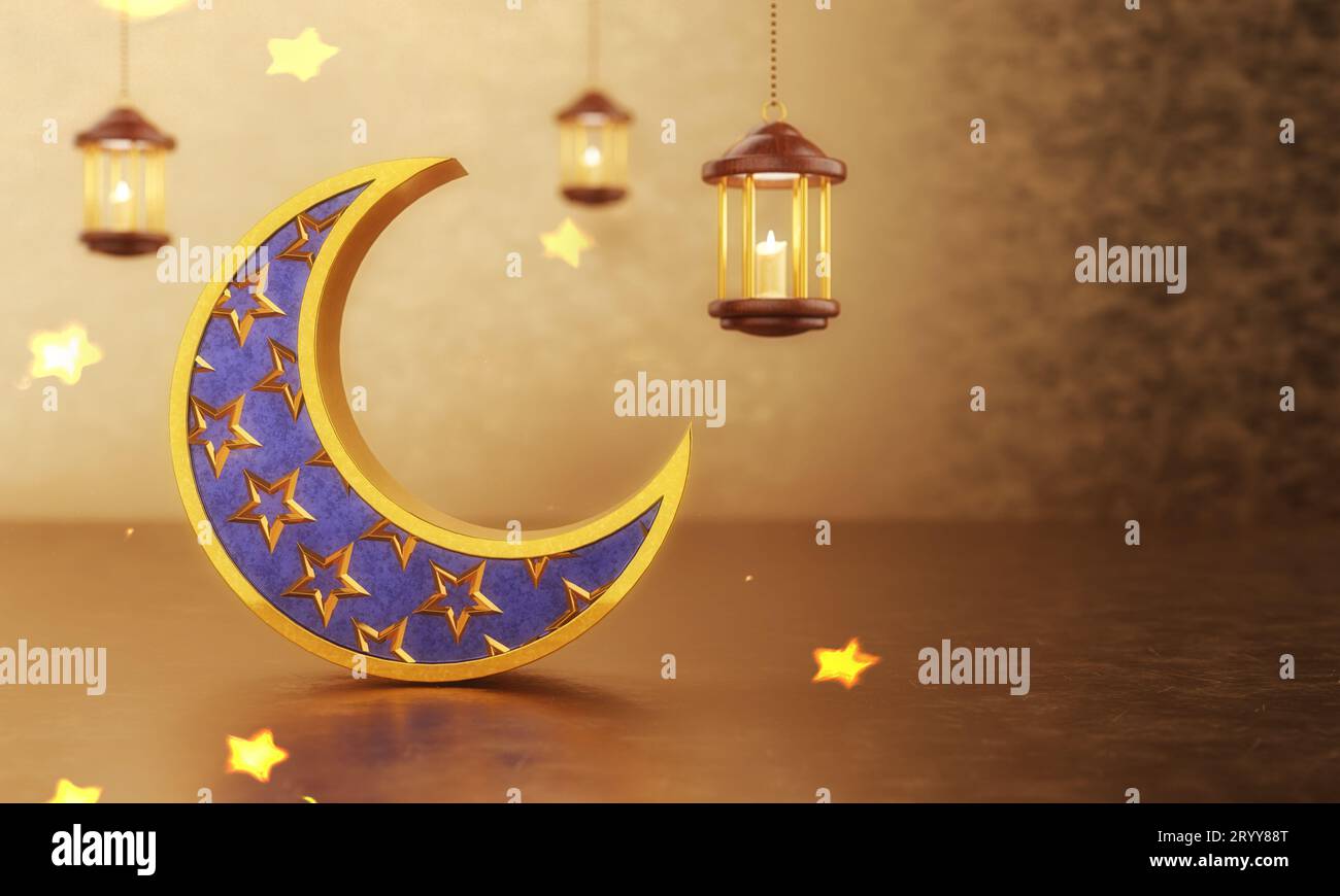 EID Mubarak conception islamique avec croissant de lune creux sur fond de bokeh doré. Concept festival et événement traditionnel. 3D illu Banque D'Images