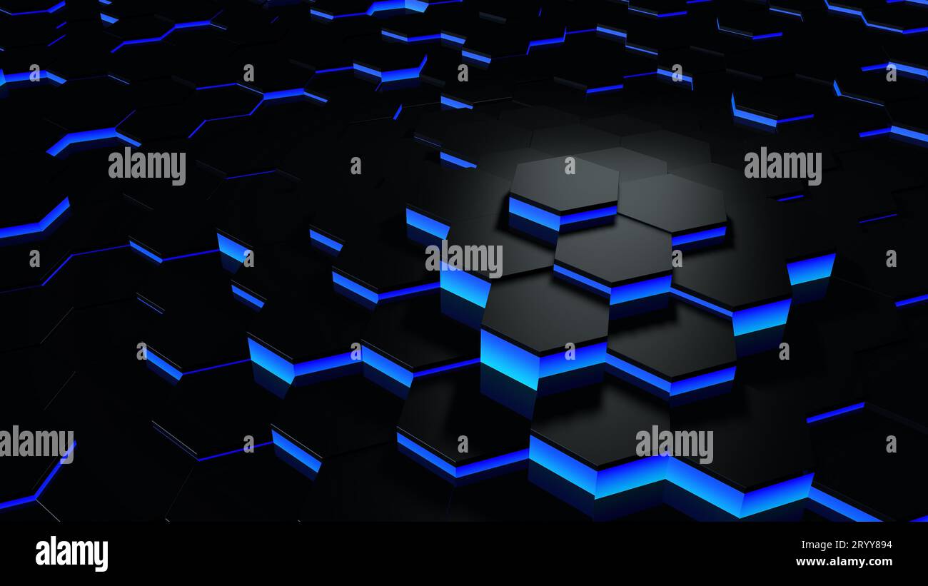 Rendu futuriste 3D bleu et noir abstrait nid d'abeille hexagone aléatoire de niveau de surface avec éclairage et ombre. Inclinaison Banque D'Images