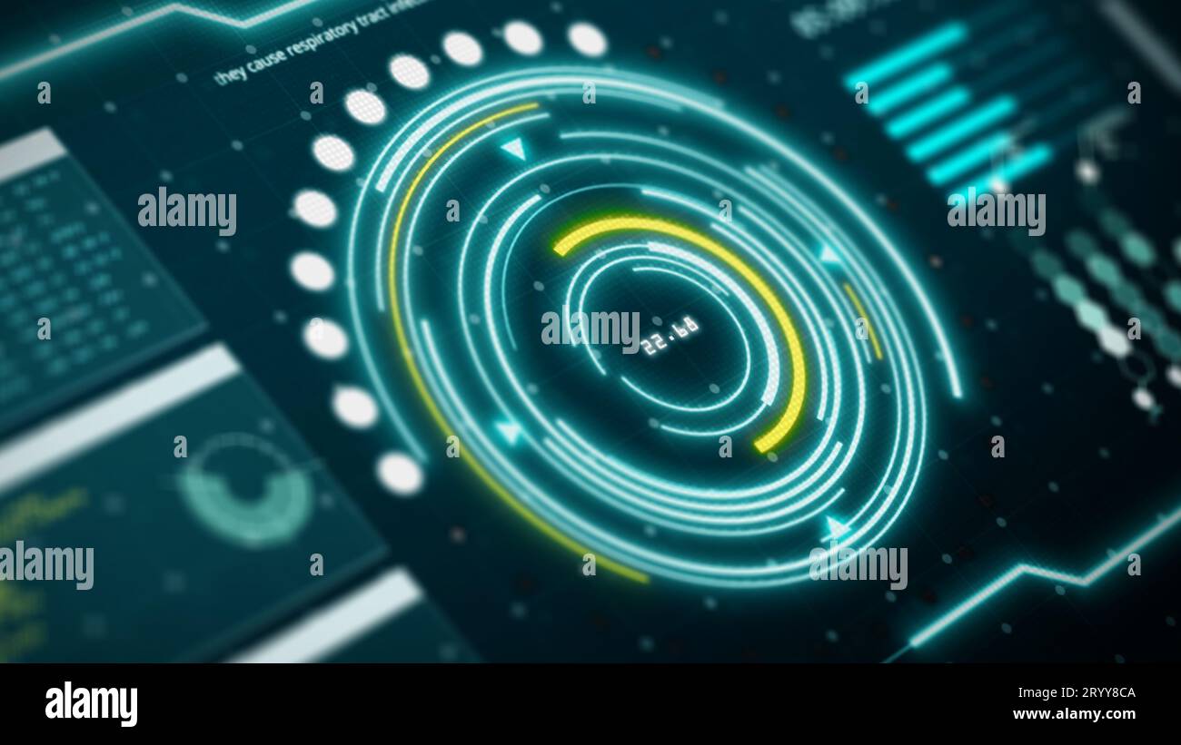 Affichage d'écran d'ordinateur d'interface utilisateur de transformation numérique HUD avec arrière-plan de pixels. Hologramme abstrait bleu et jaune holo Banque D'Images