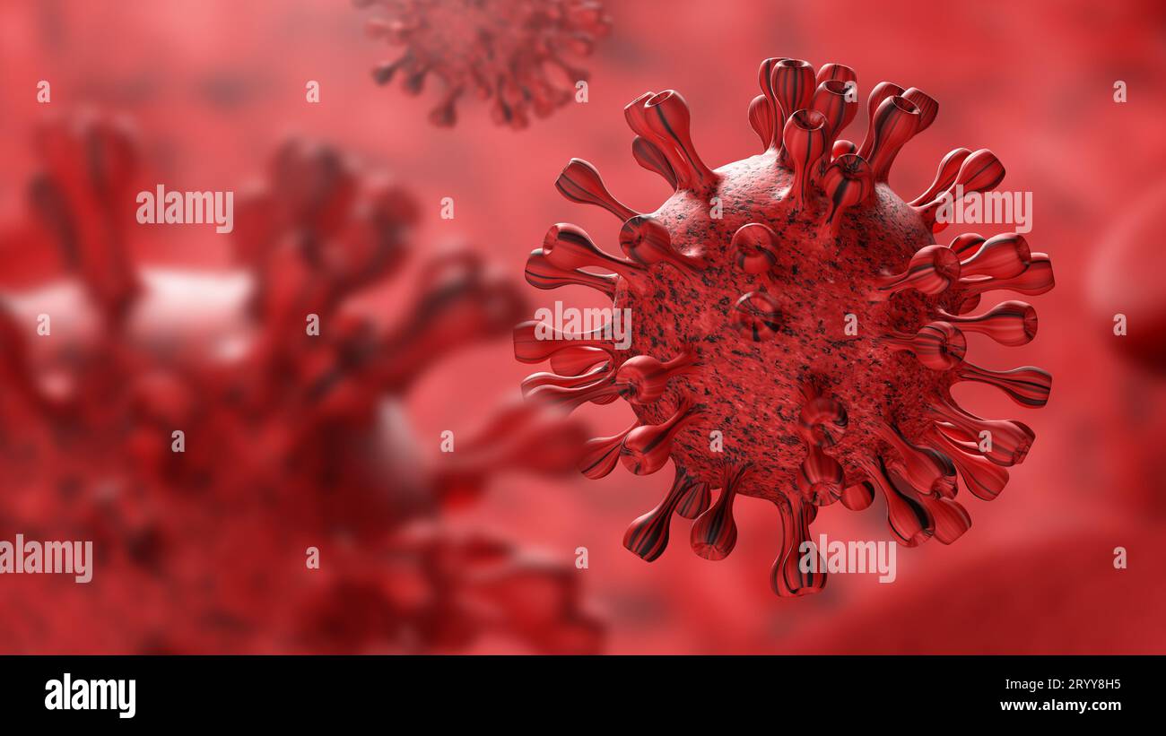 Super gros plan coronavirus COVID-19 dans le fond du corps pulmonaire humain. Science et microbiologie concept. Épidémie e du virus Red Corona Banque D'Images