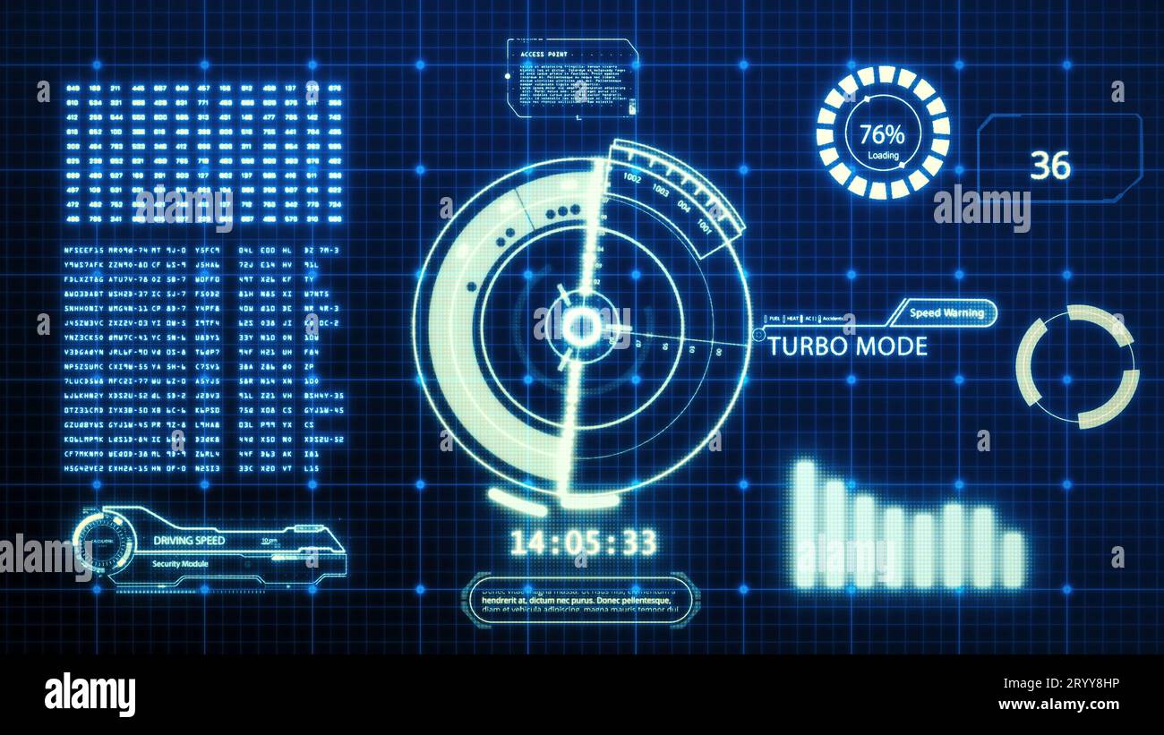 Affichage d'écran d'ordinateur d'interface utilisateur de vitesse de voiture de conduite de HUD avec l'arrière-plan de pixels. Hologr de transformation numérique abstraite bleue Banque D'Images