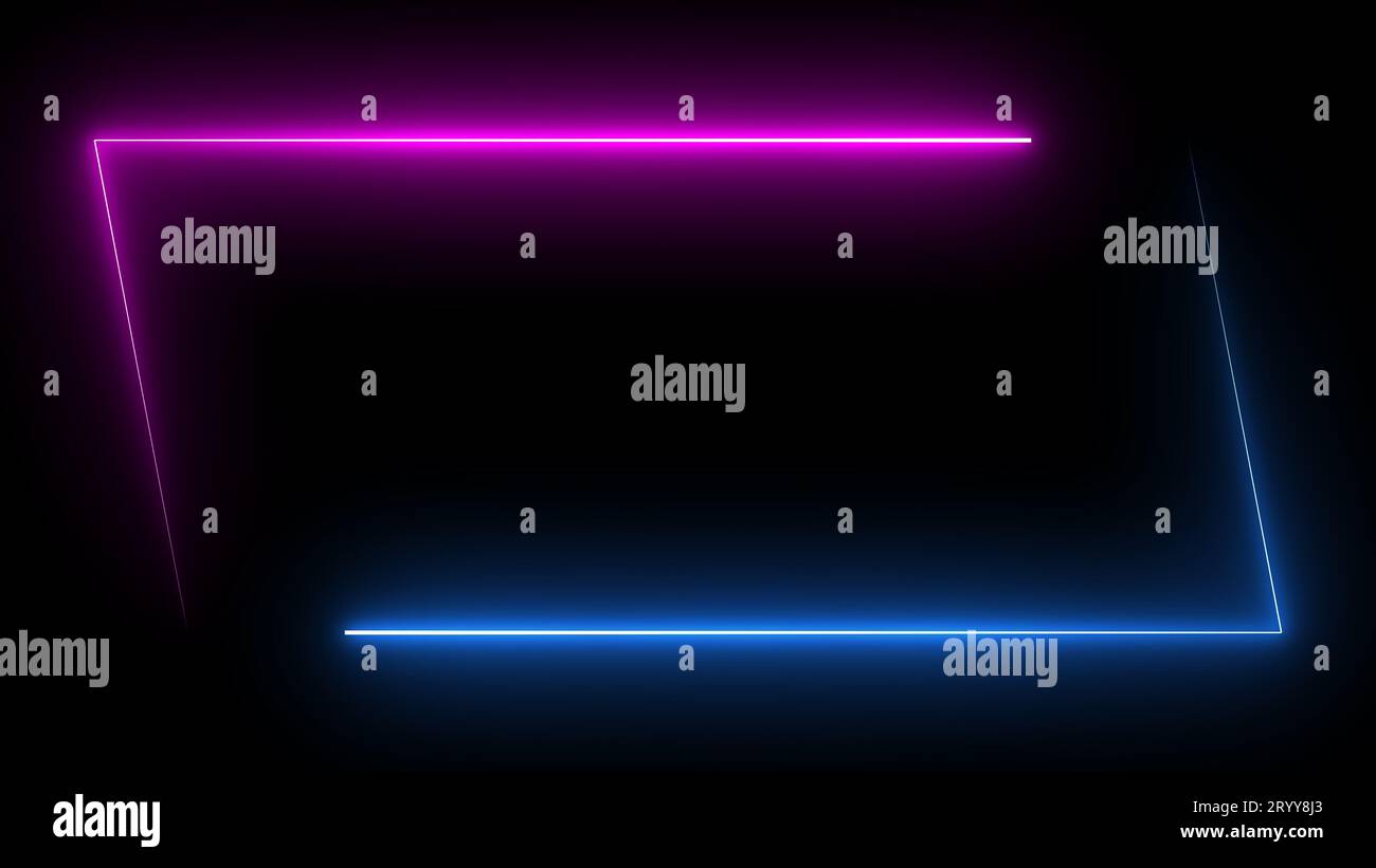 Cadre d'image rectangle de parallélogramme avec graphique de mouvement de nuance de couleur néon de deux tons sur fond noir isolé. Bleu et rose Banque D'Images