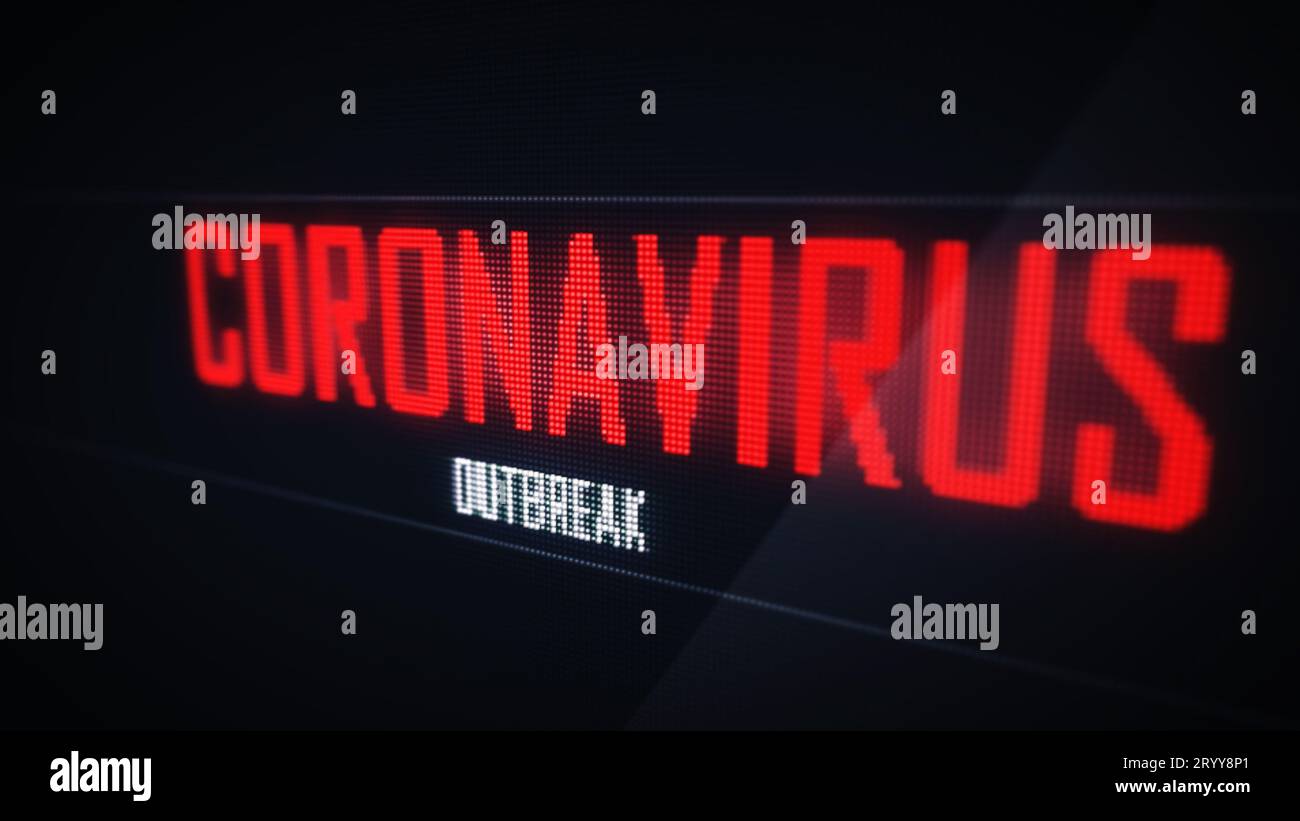 Gros plan texte d'avertissement d'épidémie de coronavirus rouge sur l'écran vert pixélisé de l'ordinateur. Rendu d'illustration 3D a Banque D'Images