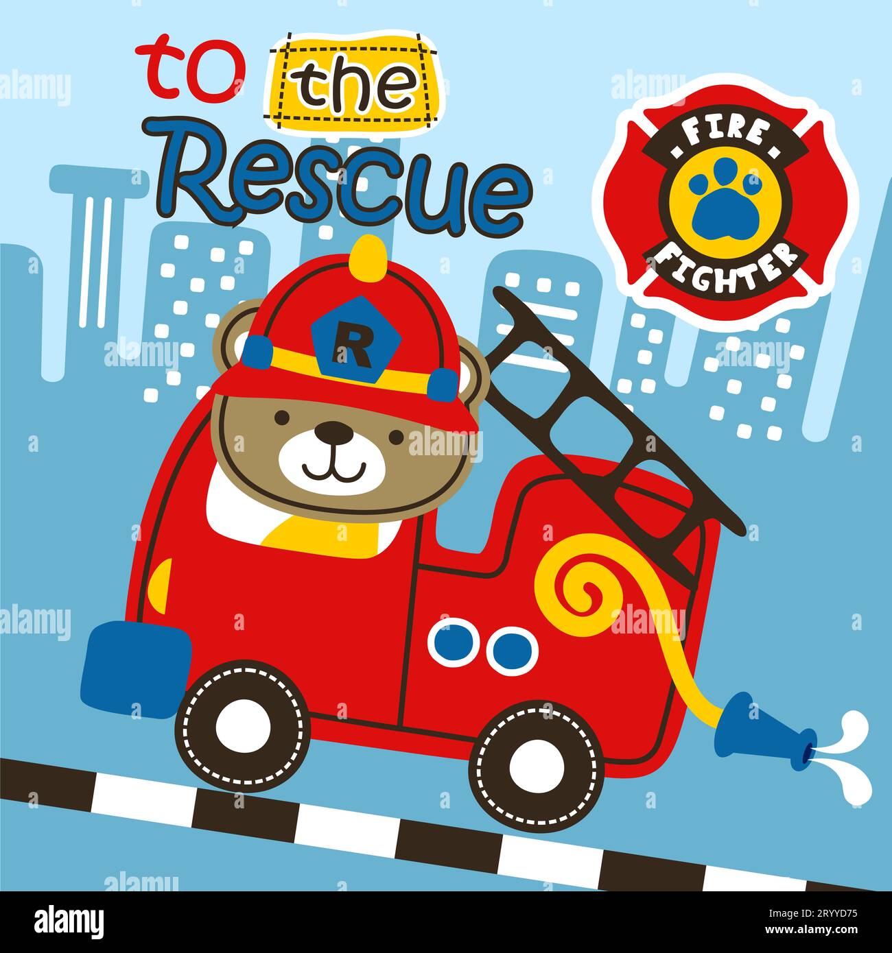 Dessin animé de vecteur d'ours mignon conduisant le camion de pompiers sur le fond des bâtiments Illustration de Vecteur