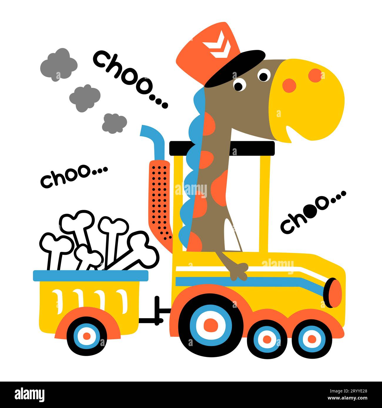 Mignon dinosaure portant le chapeau de machiniste sur les os de chargement de train à vapeur, illustration de dessin animé vectoriel Illustration de Vecteur