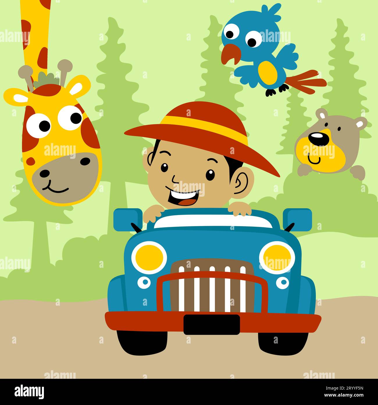 Petit garçon sur la voiture avec des animaux drôles, illustration de dessin animé vectoriel Illustration de Vecteur