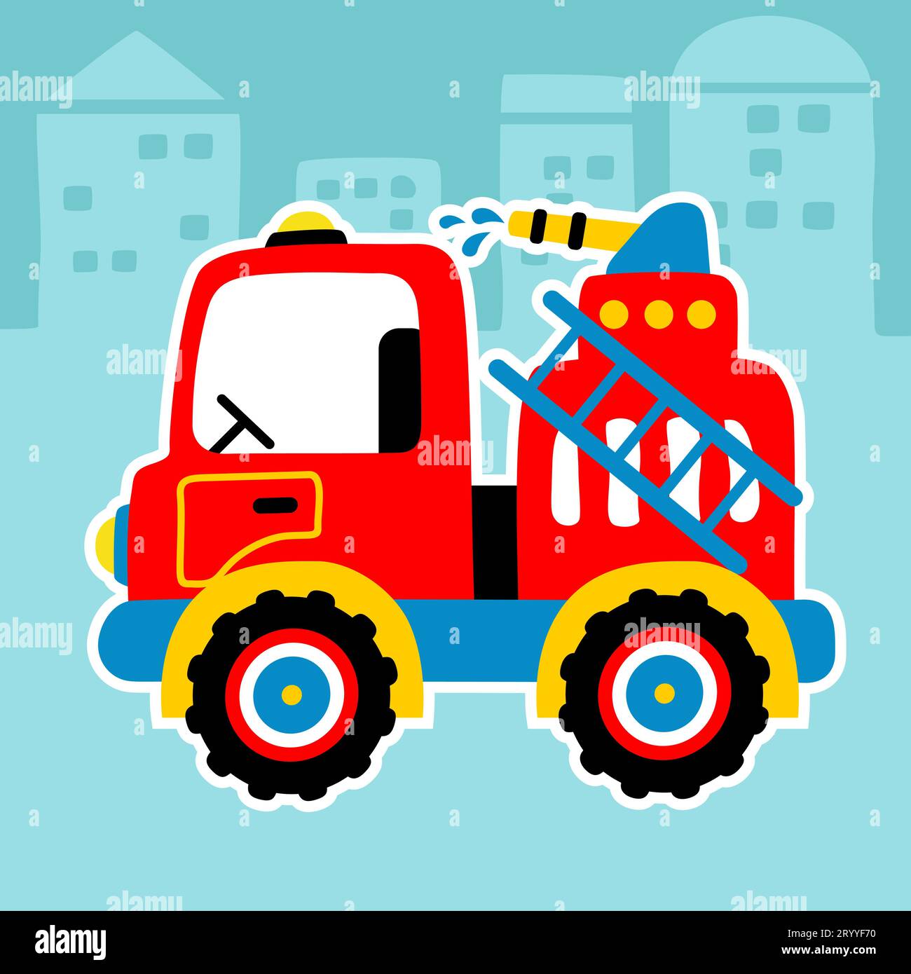 Camion de pompiers sur fond de bâtiments, illustration de dessin animé vectoriel Illustration de Vecteur