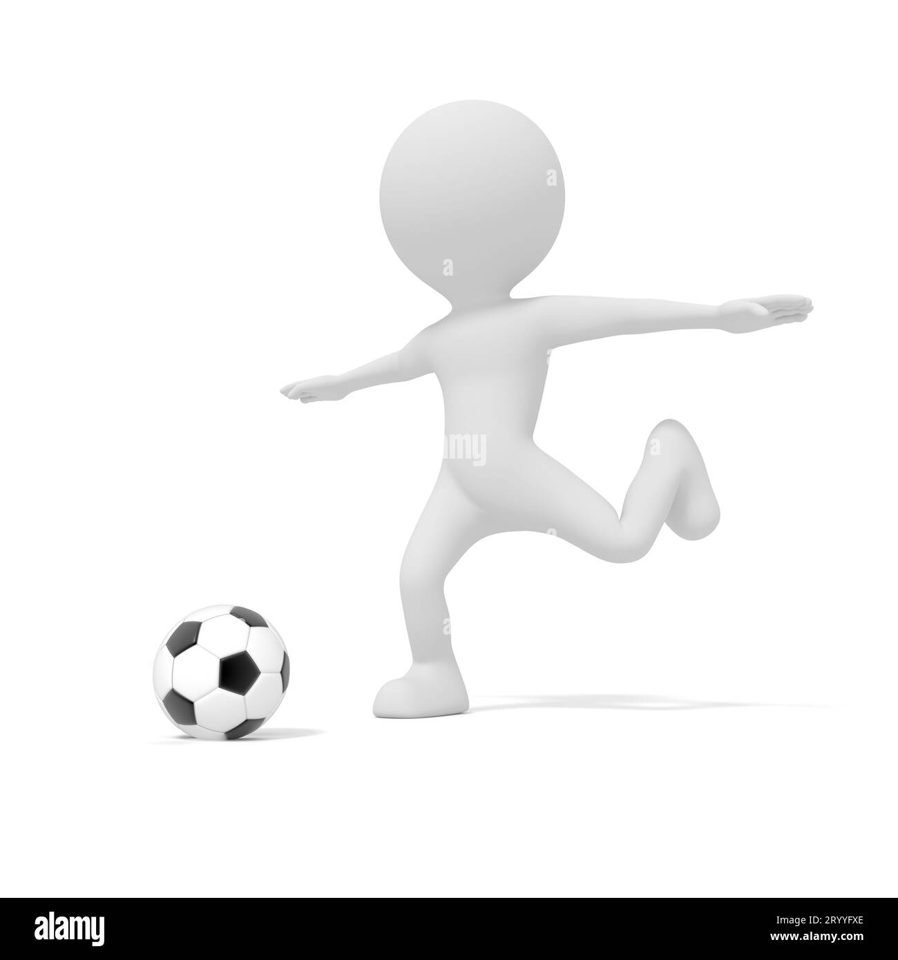 Homme blanc donnant un coup de pied au ballon de football ou au football dans le jeu de match de compétition. Illustration 3D. Modèle de personnes rendu graphique. isolé avec Banque D'Images