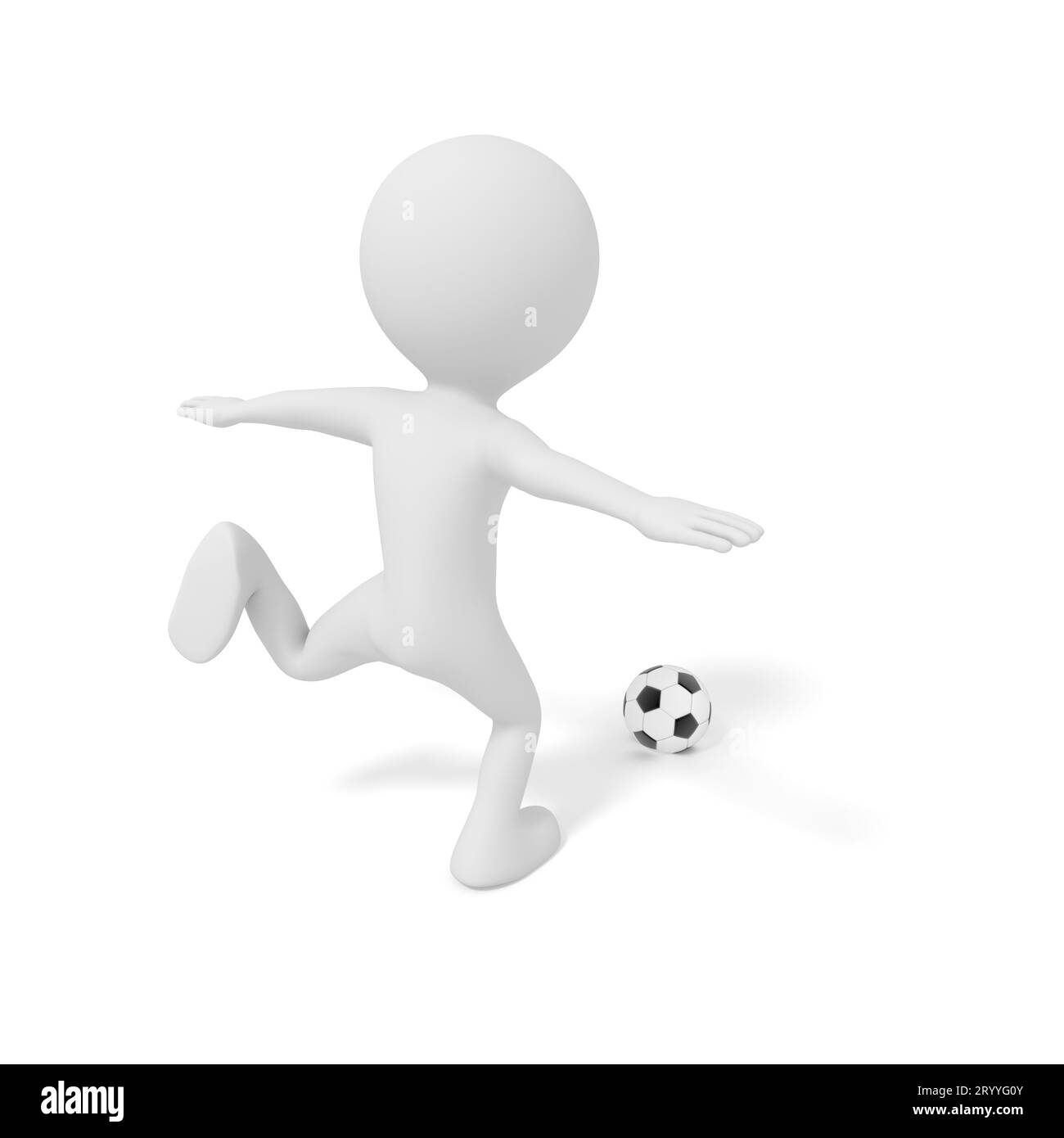 Homme blanc donnant un coup de pied au ballon de football ou au football dans le jeu de match de compétition. Illustration 3D. Modèle de personnes rendu graphique. isolé avec Banque D'Images