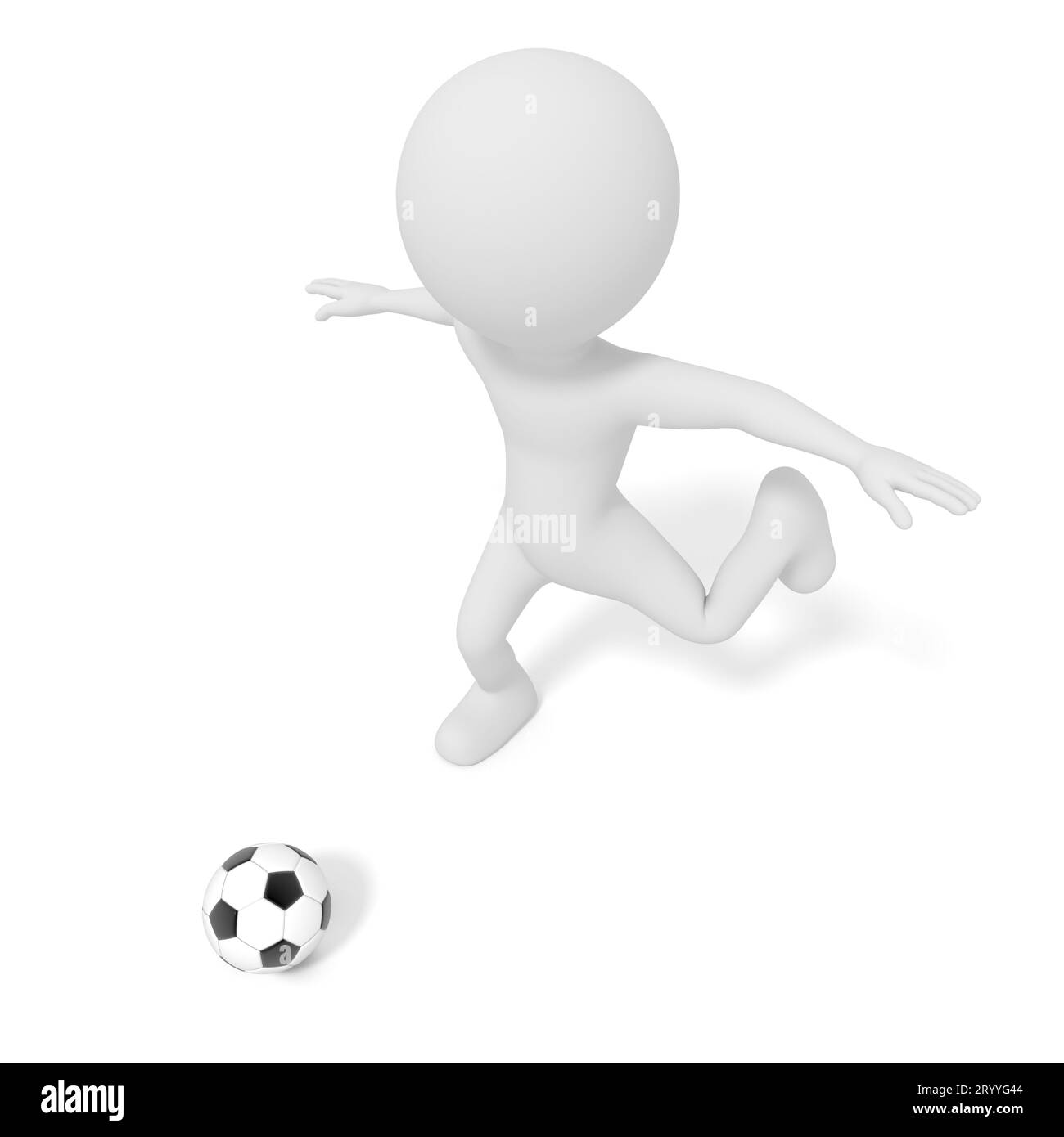 Homme blanc donnant un coup de pied au ballon de football ou au football dans le jeu de match de compétition. Illustration 3D. Modèle de personnes rendu graphique. isolé avec Banque D'Images