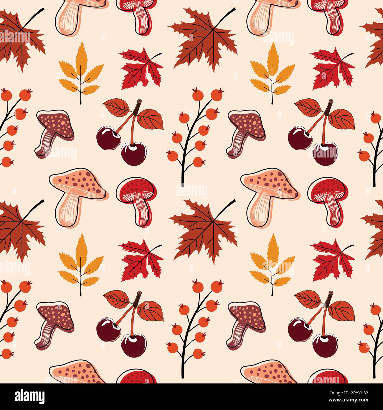 motif feuilles, rowanberry et champignons Illustration de Vecteur
