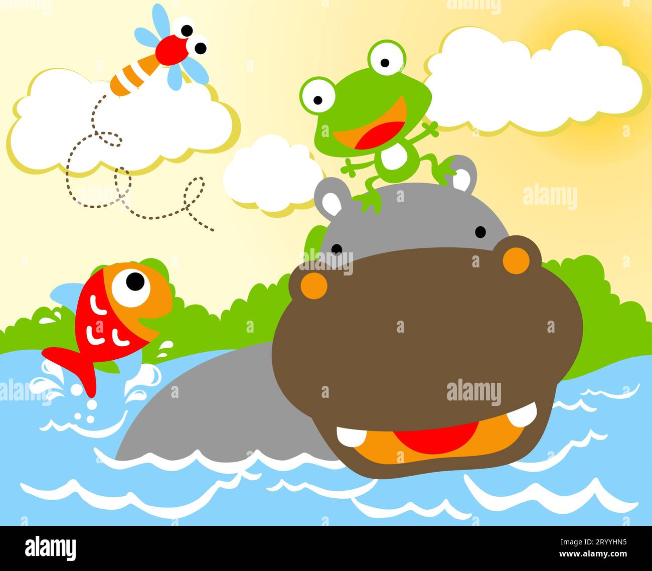 Hippopotame drôle et petits amis dans le marais, illustration de dessin animé vectoriel Illustration de Vecteur