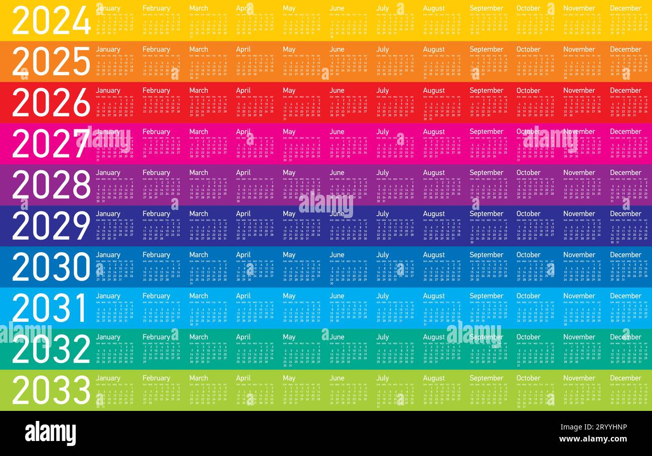 Calendrier coloré pour les années 2024, 2025, 2026, 2027, 2028, 2029, 2030, 2031, 2032 et 2033, au format vectoriel. Illustration de Vecteur