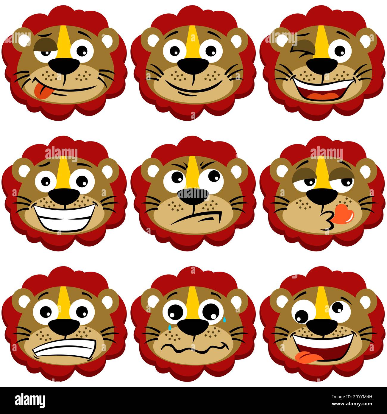 Ensemble d'expressions faciales drôles de lion, illustration de dessin animé vectoriel Illustration de Vecteur