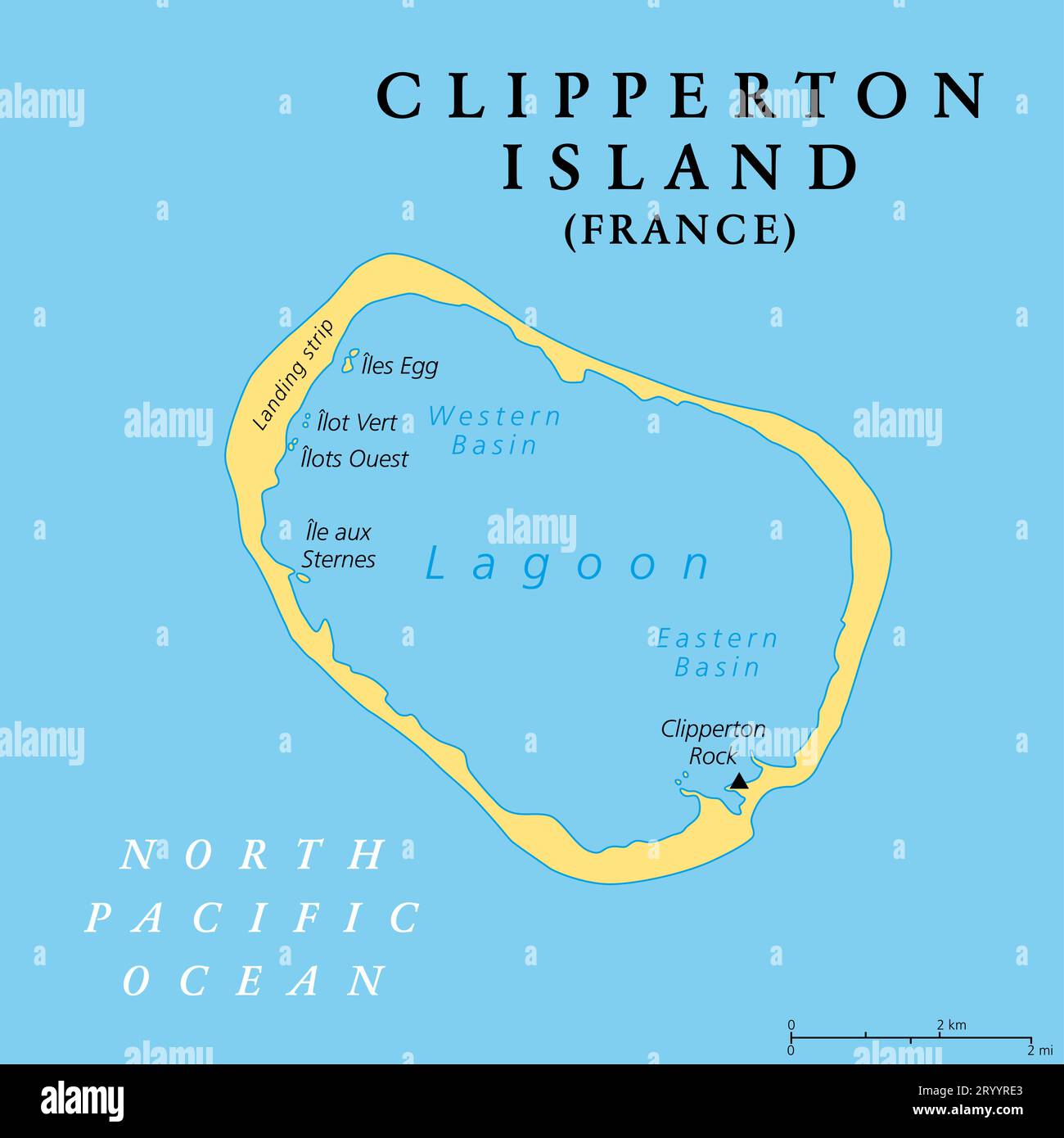 Clipperton Island, carte politique. Aussi connu sous le nom de Clipperton Atoll, est un atoll corallien français inhabité dans l'est de l'océan Pacifique. Banque D'Images
