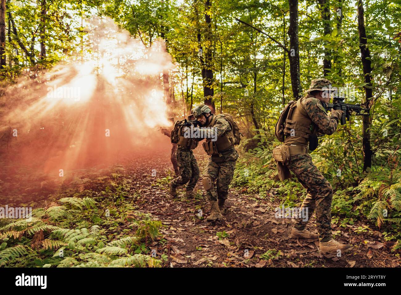 Un groupe de soldats de guerre moderne mène une guerre dans des zones forestières dangereuses et éloignées. Un groupe de soldats se bat sur l'en Banque D'Images