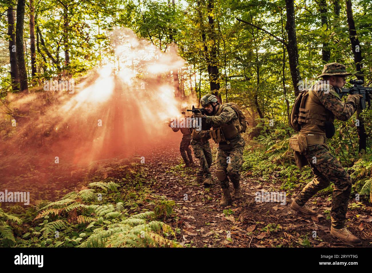 Un groupe de soldats de guerre moderne mène une guerre dans des zones forestières dangereuses et éloignées. Un groupe de soldats se bat sur l'en Banque D'Images