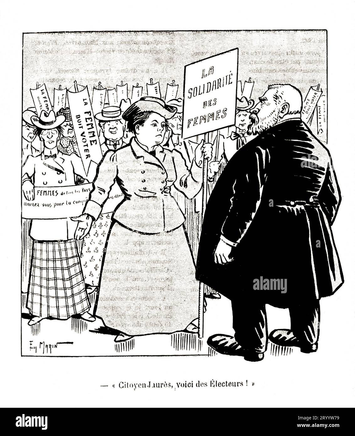 1905 c. , Paris , FRANCE : la femme politique féministe française, suffragette, militante pour les droits civiques, pro-avorteuse et femme Docteur MADELEINE PELLETIER ( 1874 - 1939 ). Elle est la première femme médecin diplômée en psychiatrie en France. Caricature satirique publiée dans un journal humoristique français dans laquelle Pelletier offre son électorat suffragette au politicien Jean Jaurès (président du Parti socialiste français en 1905) de le faire également élire Président de la République si seules les femmes avaient le droit de vote en France. Croquis de caricature par E. Marin . - SUFFRAGIO UNIVERS Banque D'Images