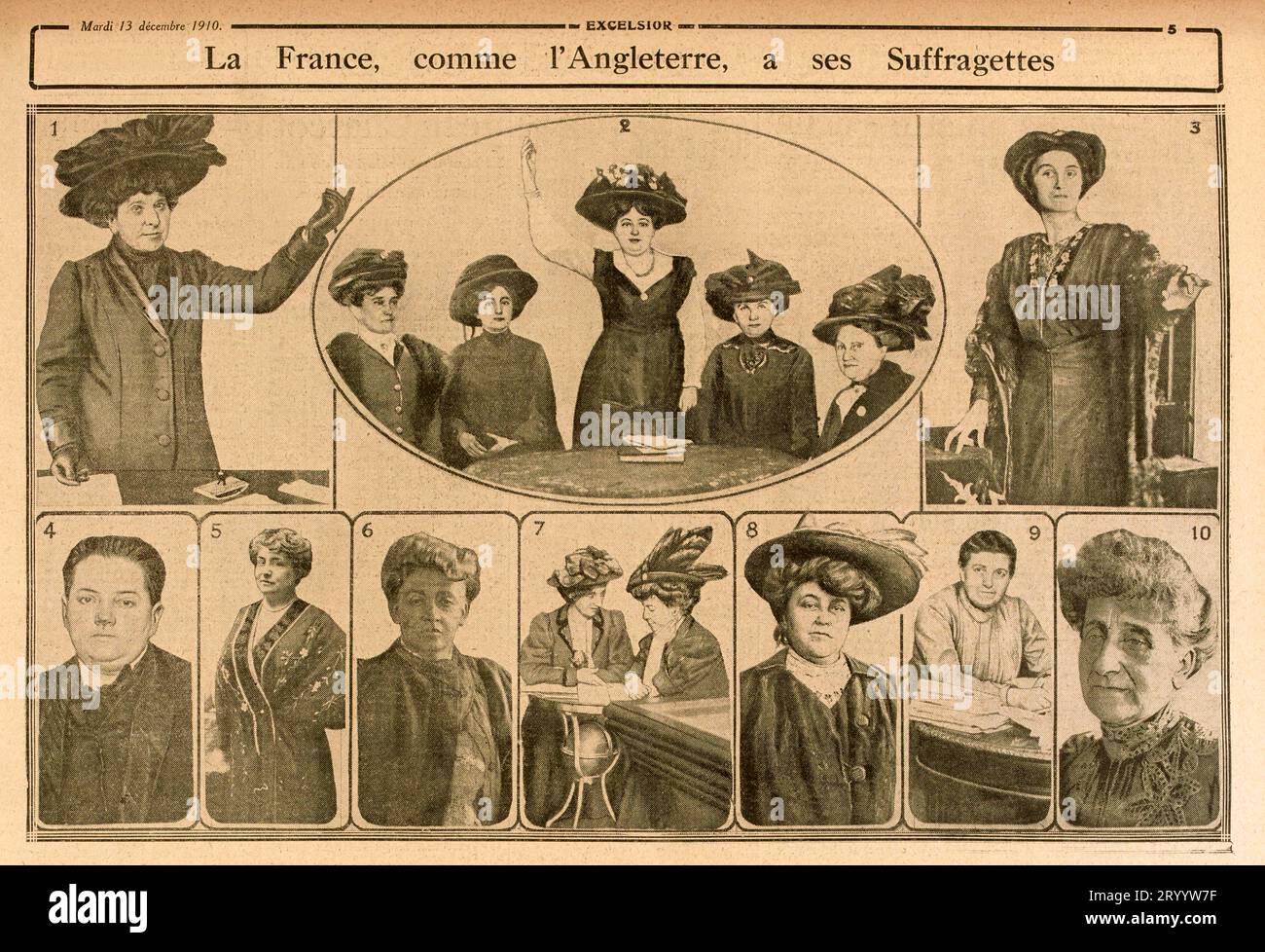 1910 , décembre , Paris , FRANCE : femme politique féministe française , suffragette , militante pour les droits civiques , avorteuse et femme Docteur MADELEINE PELLETIER ( 1874 - 1939 ). Elle est la première femme médecin diplômée en psychiatrie en France et membre du Parti socialiste. Dans cet article publié sur le journal français illustré EXCELSIOR ( 13 décembre 1910 ) avec d'autres célèbre les suffragettes pour obtenir le droit de vote pour les femmes en France . Liste des suffragettes : 1. Hubertine Auclert — 2. Hélène Klatoff avec 3 autres personnes — 3. Nelly Roussel — 4. Doctorat Pelletier — 5. Marguerit Banque D'Images