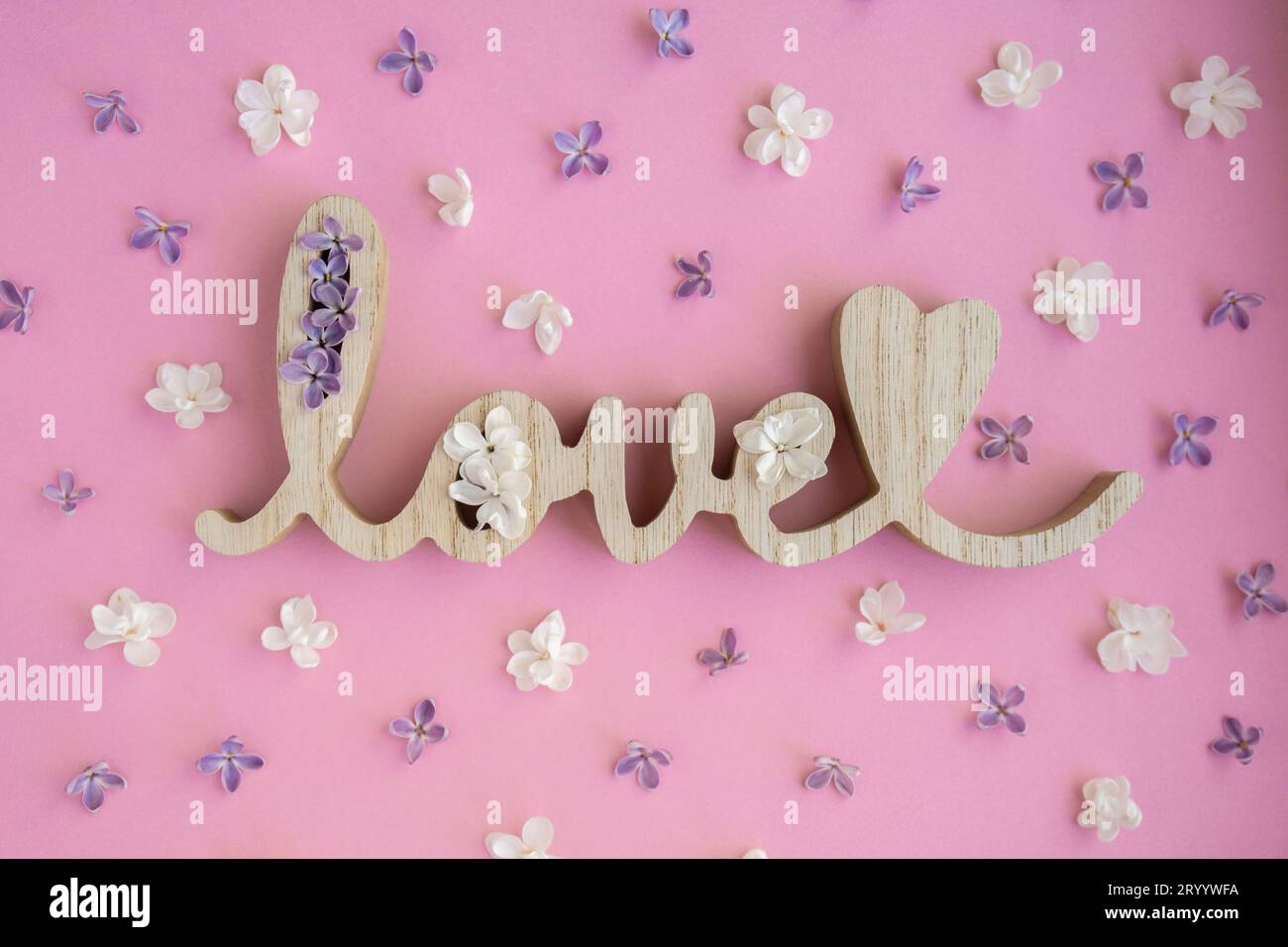Mot en bois AMOUR et fleurs lilas sur fond violet rose. St. Concept de Saint-Valentin, d'amour ou de mariage. Backgroun romantique Banque D'Images