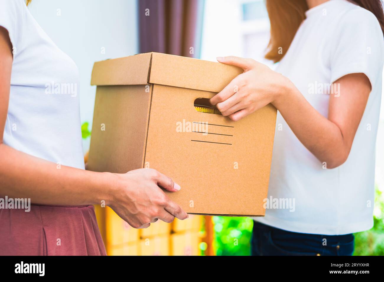 Boîte de livraison des produits et des mains des femmes lors du service à la maison ou au bureau. Concept commercial et marketing. Achats en ligne et Exp Banque D'Images