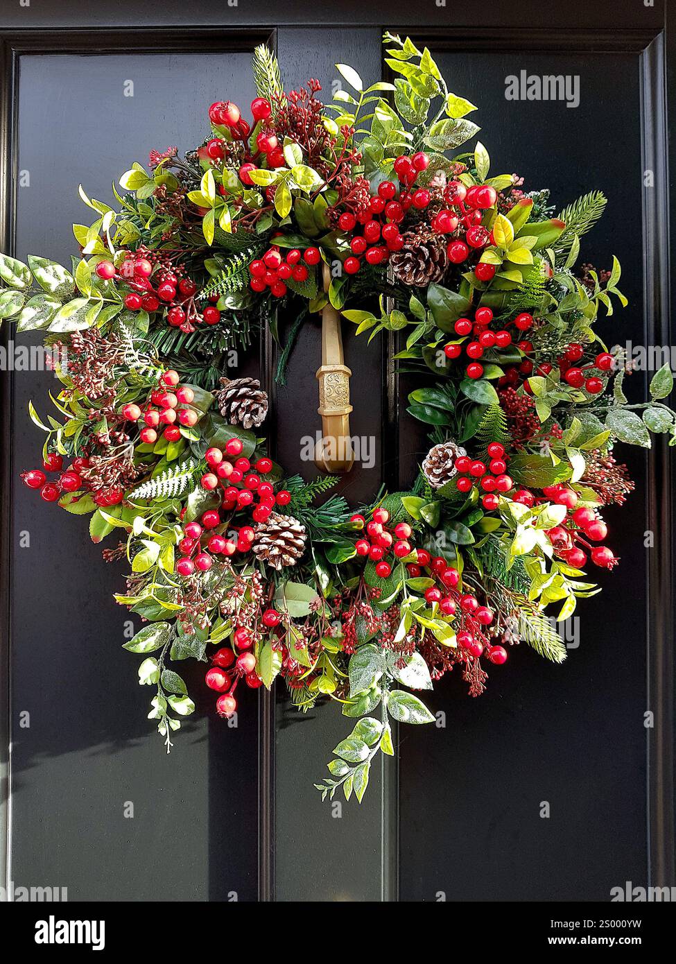 Une couronne florale de Noël sur une porte traditionnelle lambrissée en bois. Banque D'Images