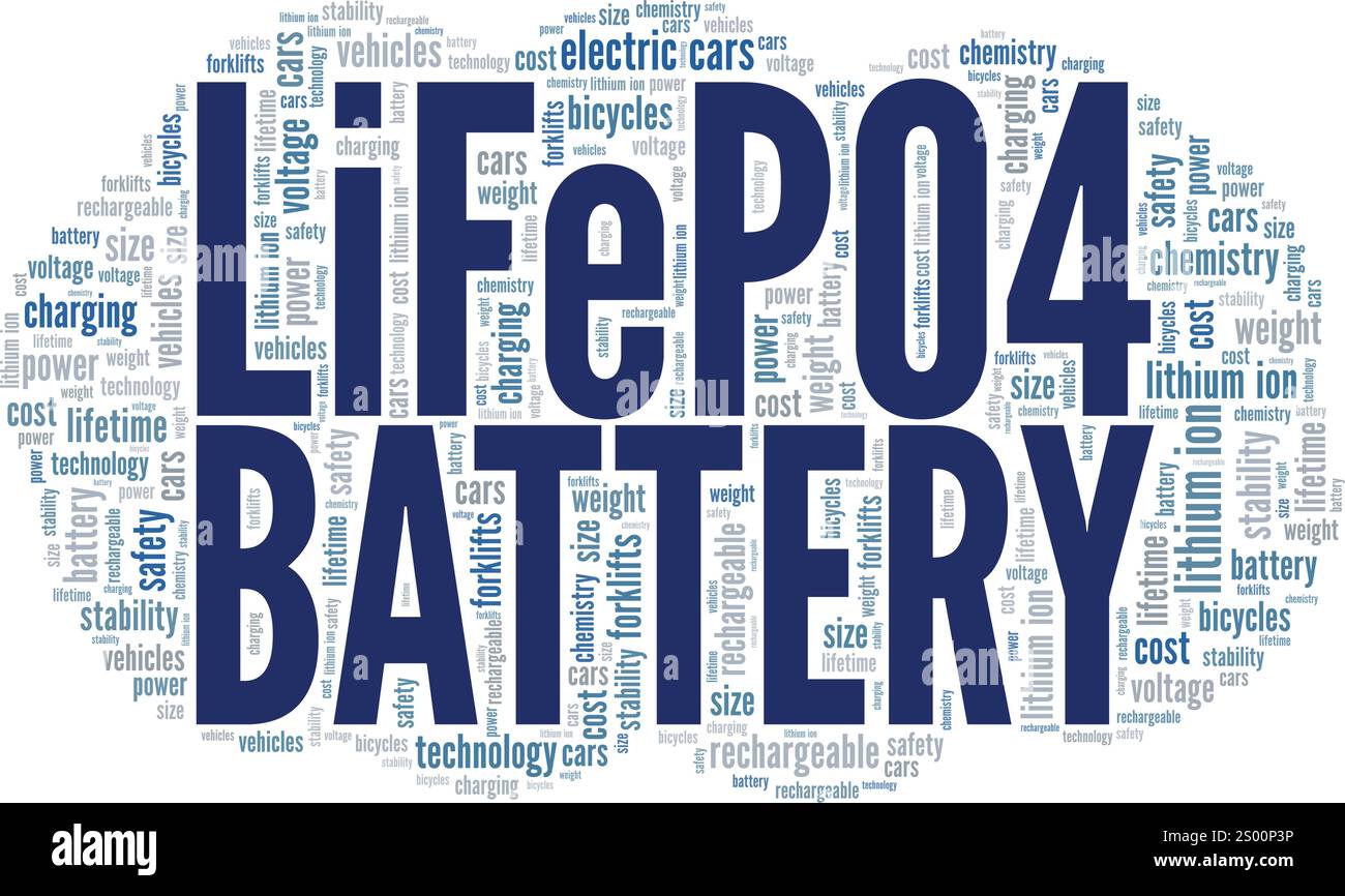 Batterie au phosphate de fer au lithium : LiFePO4 batterie Word Cloud conception conceptuelle isolée sur fond blanc. Illustration de Vecteur