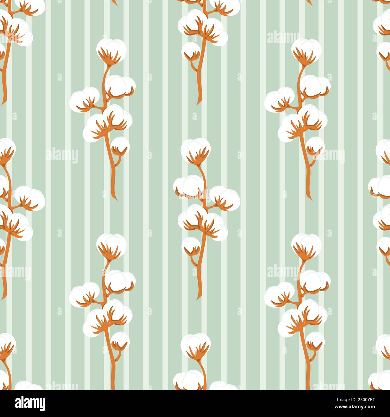 Branche dessinée à la main de plante de fleur de coton sur motif sans couture vert rayé Illustration de Vecteur