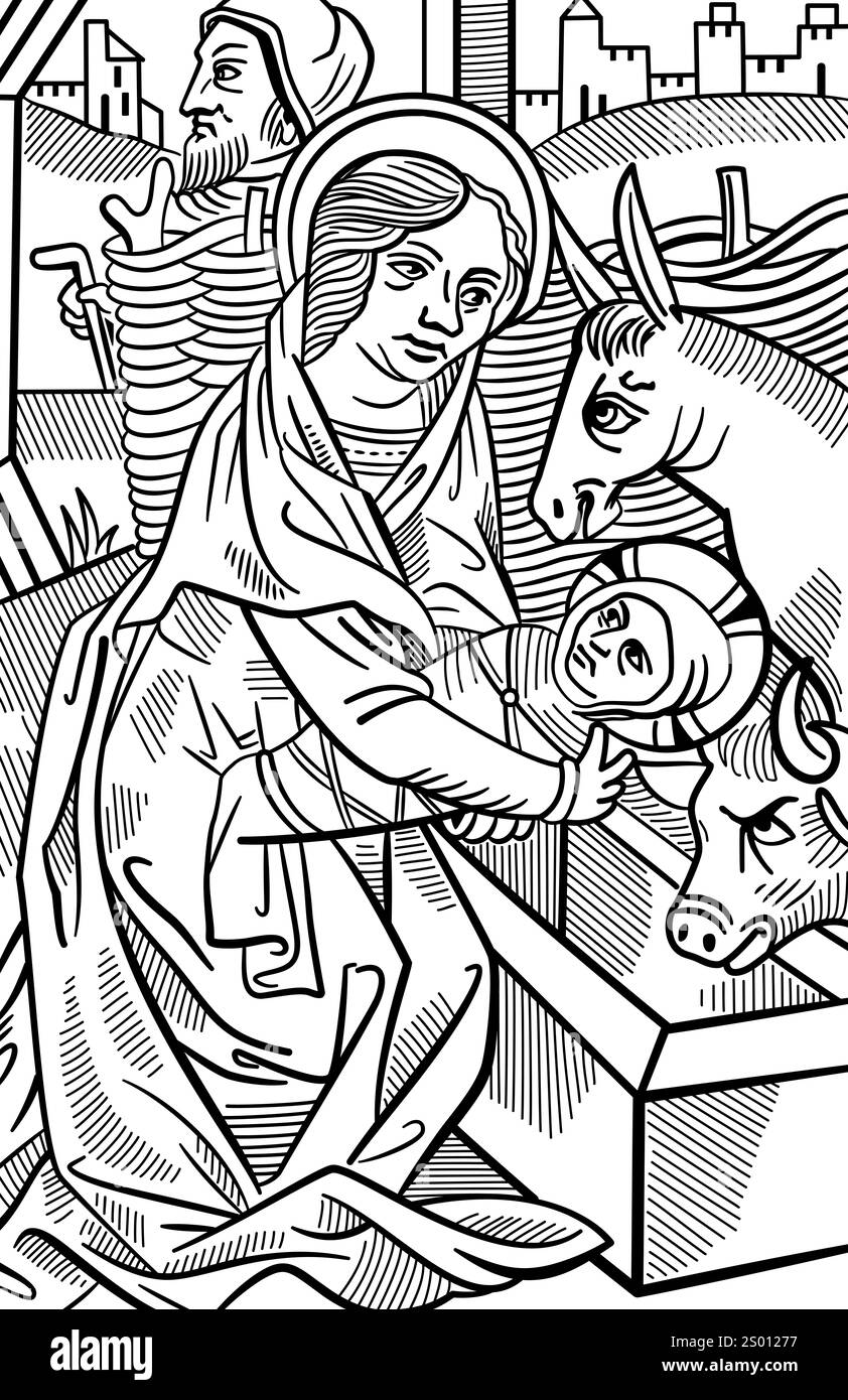 Naissance de Jésus-Christ à Bethléem. Mère Marie tenant le fils de Dieu au-dessus de la crèche, derrière son Joseph, et à l'âne droit et au boeuf. Banque D'Images