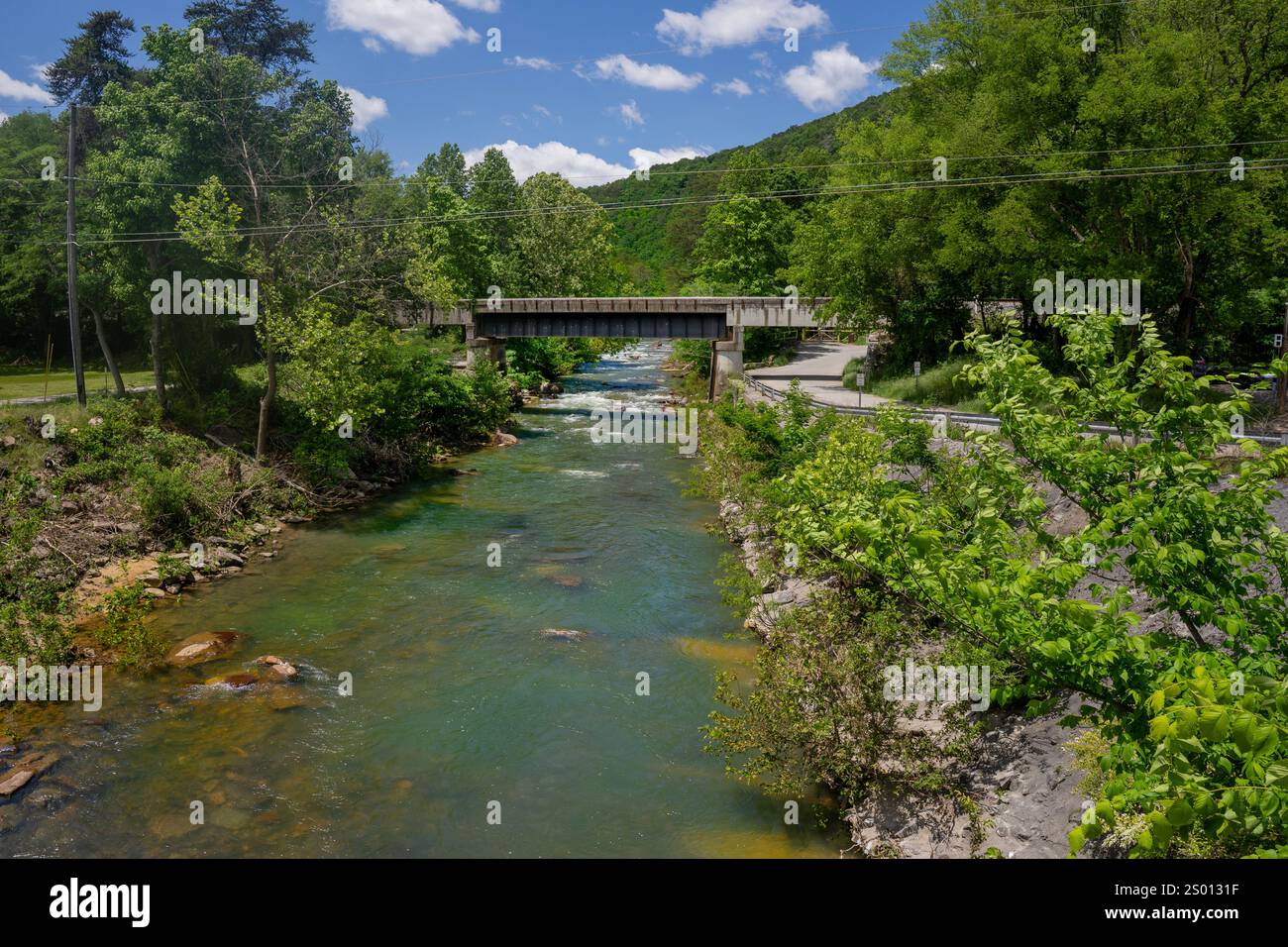 Vue du golfe de Big Soddy Creek depuis un pont à Soddy Daisy, Tennessee. Un sentier longeant le ruisseau offre de belles vues sur la rivière et les falaises. Banque D'Images