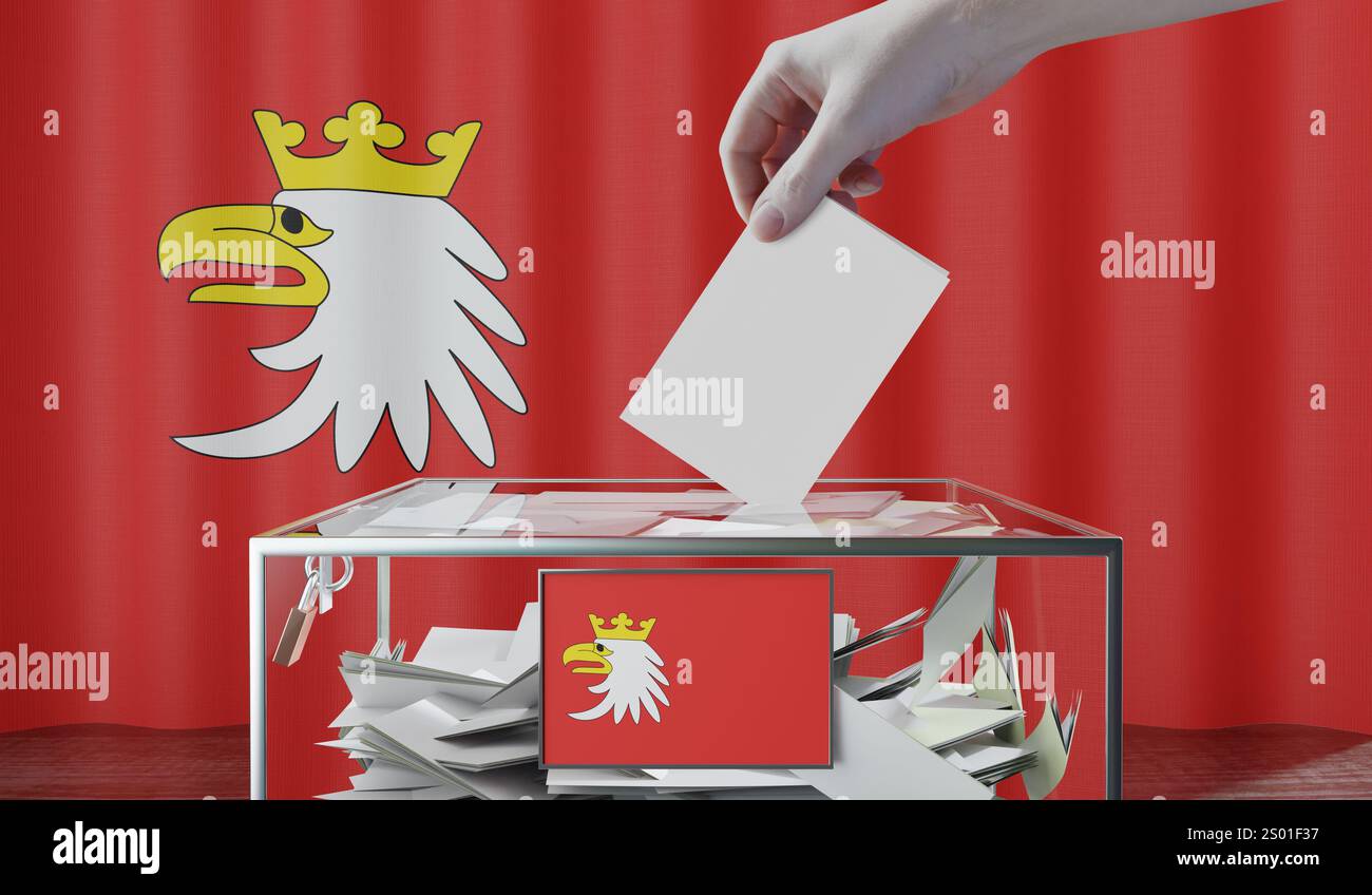 Warmia-Masuria - drapeaux et urne - vote, concept électoral - illustration 3D. Banque D'Images