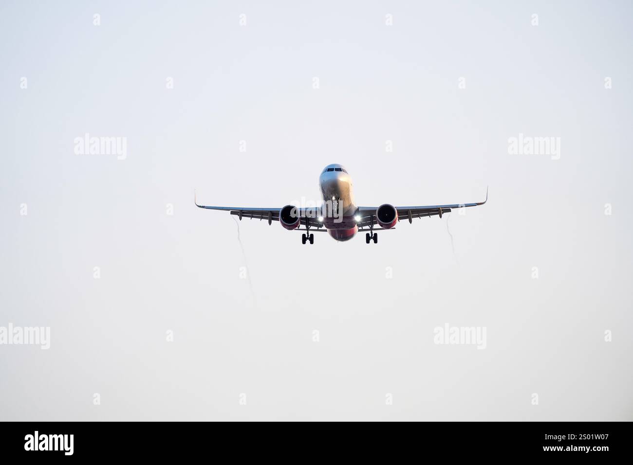 Arrivée d'un avion de passagers moderne de couleur rose avec de gros moteurs en fin de soirée Banque D'Images