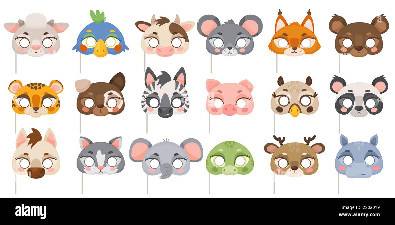 Masques animaux mignons. Éléments de fête pour enfants. Accessoires de mascarade. Objets drôles de cabine photo. Décorations d'anniversaire enfantines. Costume de carnaval. Tiger ou Fox muz Illustration de Vecteur