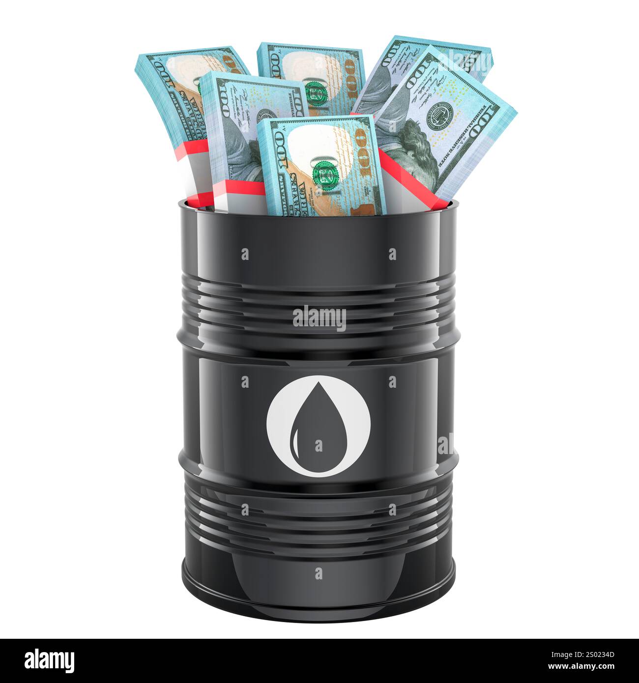 Baril de pétrole avec des packs dollar, rendu 3D isolé sur fond blanc Banque D'Images
