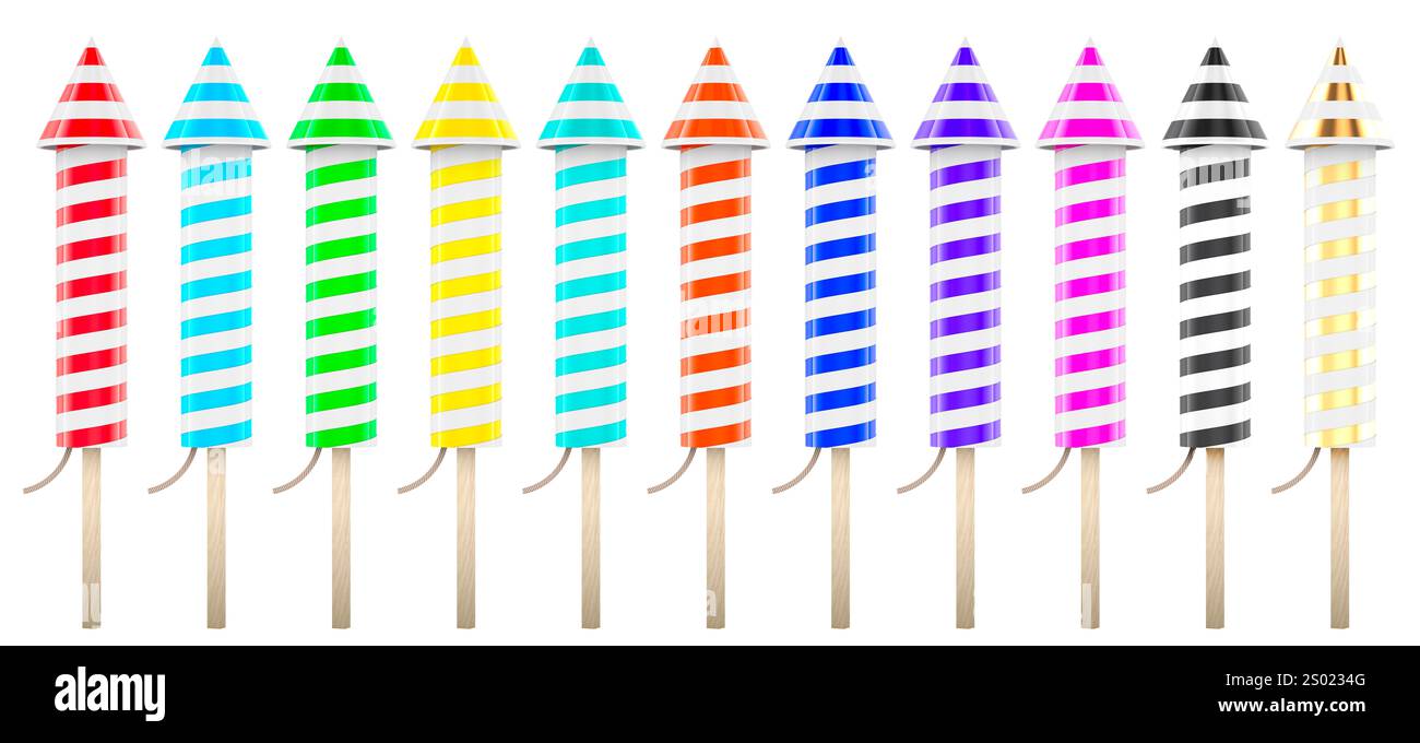 Ensemble de feux d'artifice Rockets, rendu 3D isolé sur fond blanc Banque D'Images