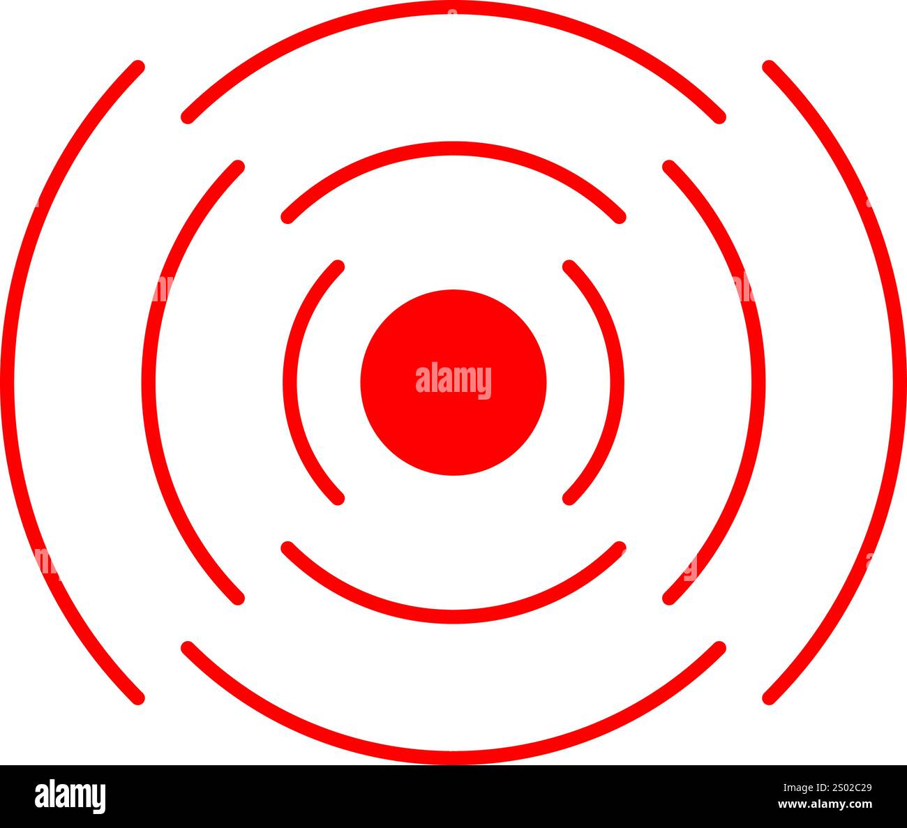 Symbole d'onde sonar, radar ou signal sonore. Icône de localisation de la douleur, de plaie ou d'inflammation. Cercles concentriques rouges brisés. Signal d'impulsion, de rayonnement, de couverture ou de vibration. Illustration vectorielle. Illustration de Vecteur