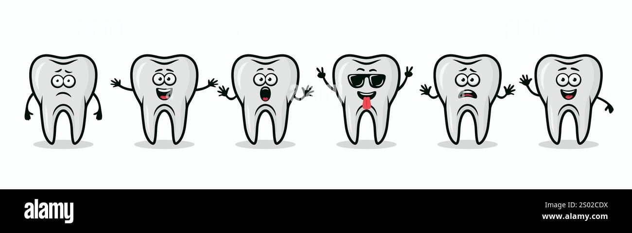 Adorable personnages Tooth montrant différentes émotions. Illustration de dents vectorielles plates - expressions heureuses, excitées, tristes, effrayées. Conception mignonne des dents Illustration de Vecteur