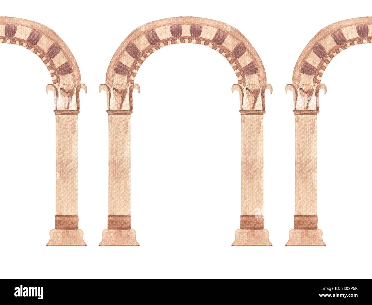 Pierre grec ancien arc classique bordure sans couture isolé sur blanc. Illustration aquarelle d'architecture de haute qualité pour cartes, affiches, ruban adhésif, décor Banque D'Images