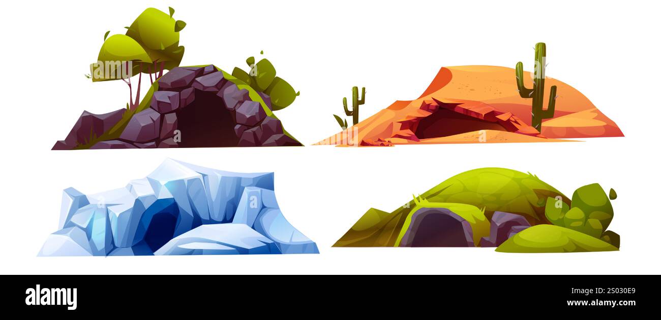Collection d'entrée de grotte dans différents environnements - grotte en pierre herbeuse avec des plantes, creux du désert avec des cactus, caverne glaciaire gelée, tunnel mousseux à flanc de colline. Conception de l'environnement de paysage naturel. Illustration de Vecteur