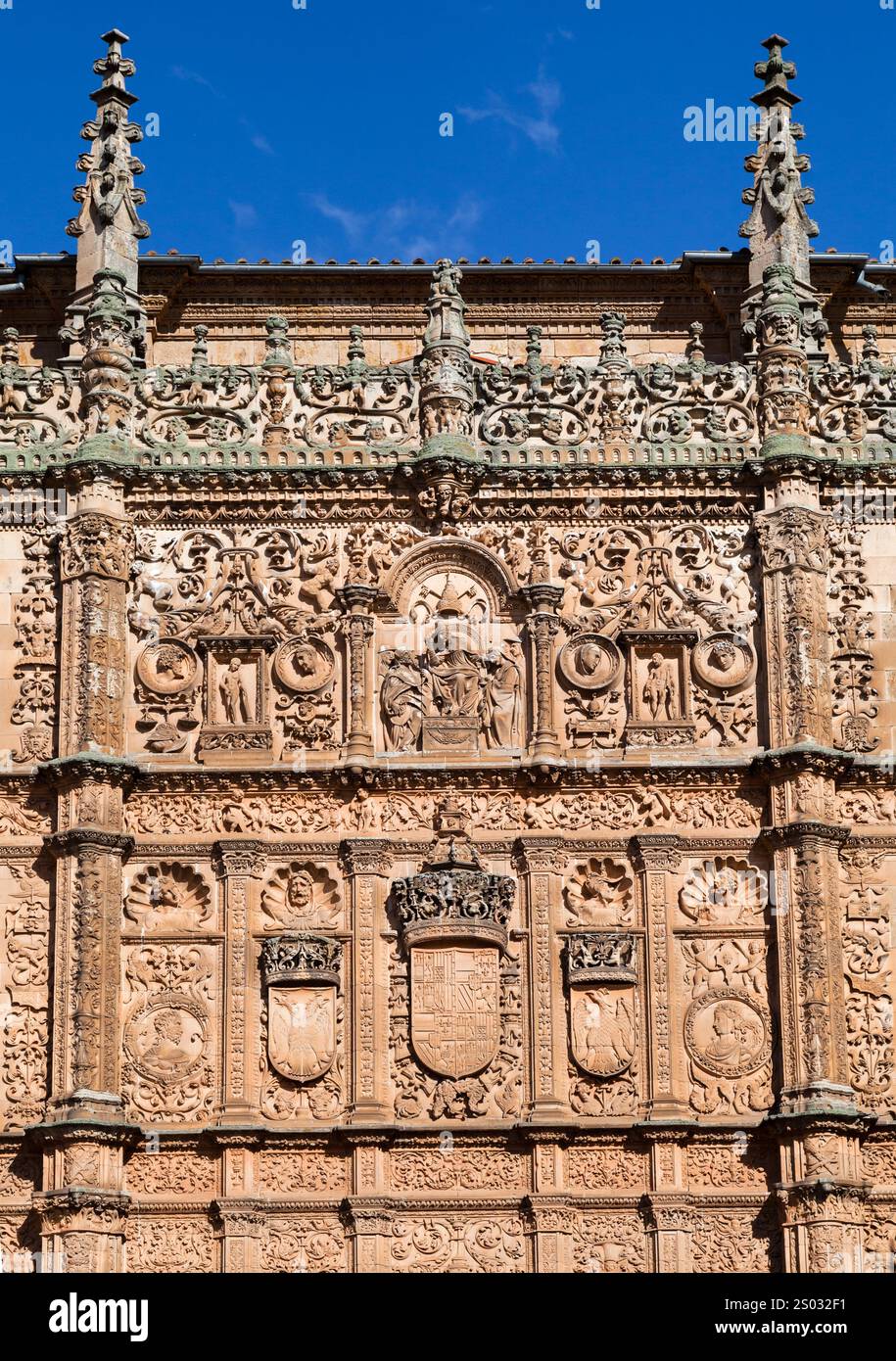 Des motifs complexes en pierre et des symboles royaux ornent l'extérieur de l'historique Universidad de Salamanca, mettant en valeur sa beauté architecturale. Banque D'Images Des motifs complexes en pierre et des symboles royaux ornent l'extérieur de l'historique Universidad de Salamanca, mettant en valeur sa beauté architecturale. Banque D'Images