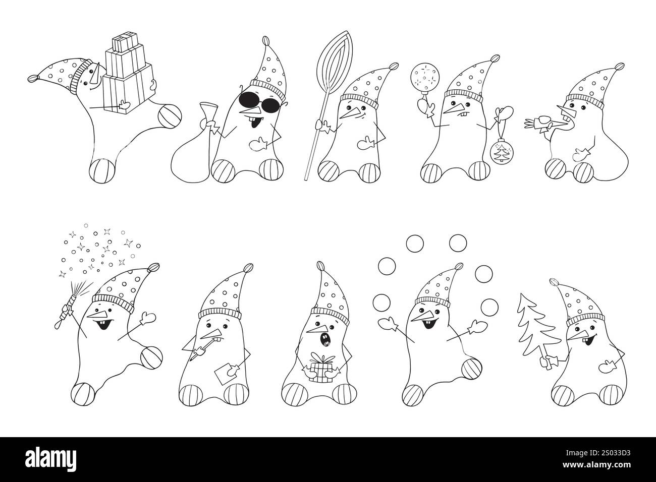 Ensemble de bonhommes de neige drôles. Dix bonhommes de neige dans différentes poses et avec différents attributs du nouvel an. Conception de la carte du nouvel an pour l'édition. Coloriage pour enfant Illustration de Vecteur