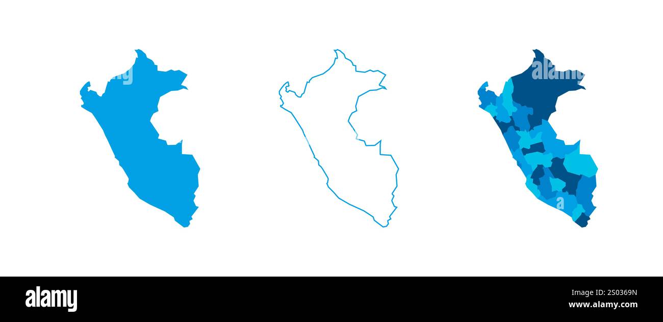Pérou ensemble de trois cartes - carte solide, carte de contour et carte mettant en évidence les divisions administratives. Trois cartes distinctes illustrent diverses représentations d'une zone géographique. Illustration de Vecteur