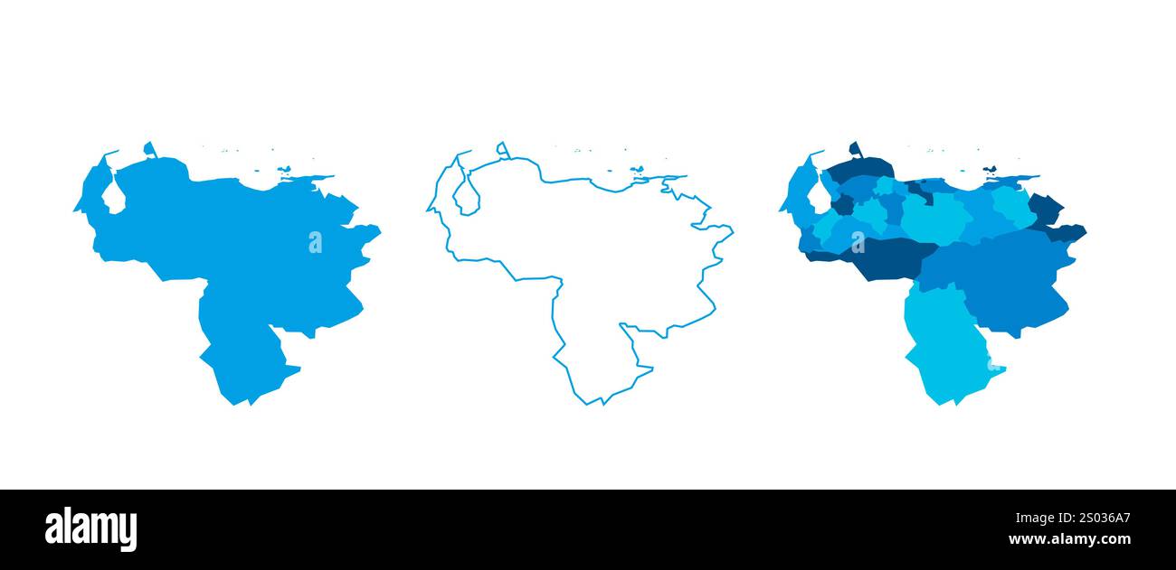 Venezuela ensemble de trois cartes - carte solide, carte de contour et carte mettant en évidence les divisions administratives. Trois cartes distinctes illustrent diverses représentations d'une zone géographique. Illustration de Vecteur