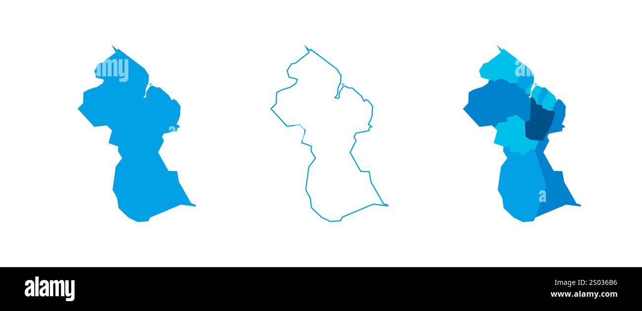 Guyana ensemble de trois cartes - carte solide, carte de contour et carte mettant en évidence les divisions administratives. Trois cartes distinctes illustrent diverses représentations d'une zone géographique. Illustration de Vecteur