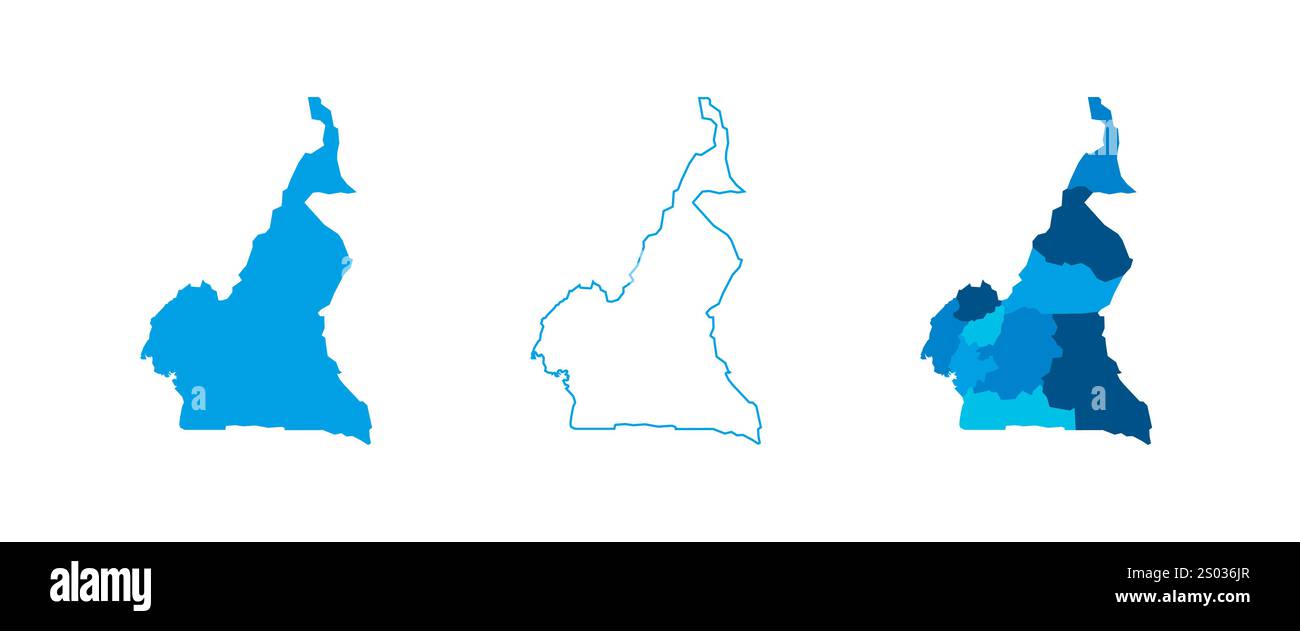 Cameroun ensemble de trois cartes - carte solide, carte de contour et carte mettant en évidence les divisions administratives. Trois cartes distinctes illustrent diverses représentations d'une zone géographique. Illustration de Vecteur