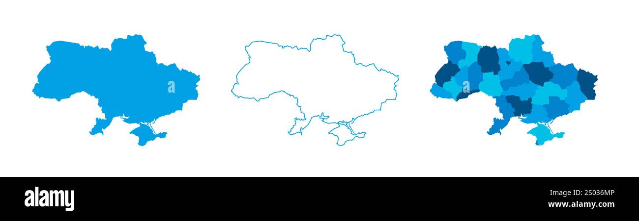 Ukraine ensemble de trois cartes - carte solide, carte de contour et carte mettant en évidence les divisions administratives. Trois cartes distinctes illustrent diverses représentations d'une zone géographique. Illustration de Vecteur