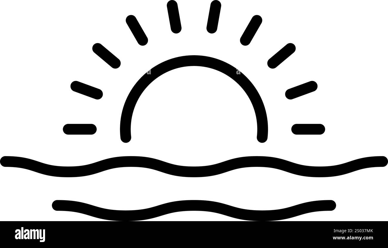 Icône de ligne de coucher de soleil sur l'océan. Vagues d'eau et signe vectoriel de contour de soleil. Pictogramme de style linéaire nature Seascape. Symbole, illustration du logo. Contour modifiable Illustration de Vecteur