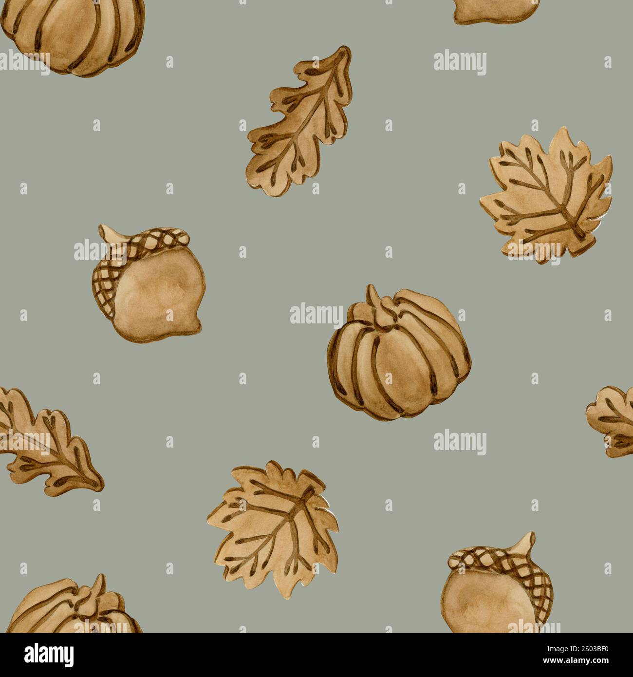Biscuits au pain d'épices. Feuilles d'automne, citrouille et forme de gland. Croûte feuillue. Motif sans couture de nourriture d'aquarelle sur fond vert de sauge pour la conception de boulangerie, Banque D'Images