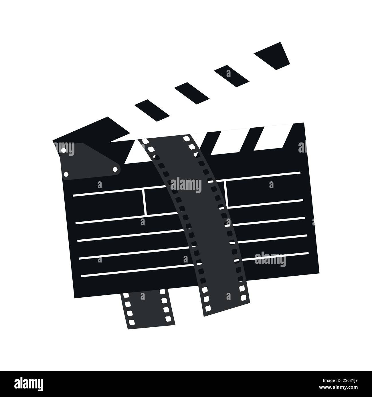 Plaque de battage avec bande de film dedans. Icône d'emblème d'équipement de tournage. Symbole de cinéma isolé sur fond blanc. Illustration vectorielle Illustration de Vecteur